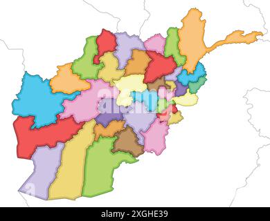 Vettoriale ha illustrato la mappa regionale in bianco dell'Afghanistan con province e divisioni amministrative, nonché i paesi e territori vicini. Modificabile Illustrazione Vettoriale