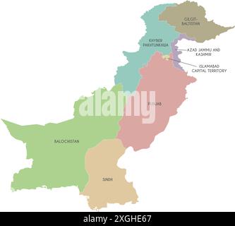 Mappa regionale vettoriale del Pakistan con province e territori e divisioni amministrative. Livelli modificabili ed etichettati in modo chiaro. Illustrazione Vettoriale