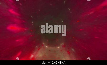 Viaggia attraverso un tunnel spaziale attraverso il tempo e lo spazio pieno di milioni di stelle. Deformazione dello spazio del foro wormhole. illustrazione 3d. Foto Stock