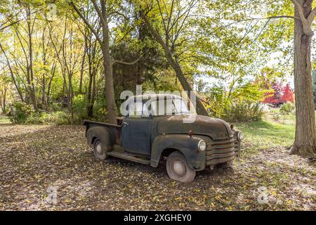 Un vecchio pick-up arrugginito parcheggiato in una zona boschiva con fogliame autunnale in una giornata di sole Foto Stock