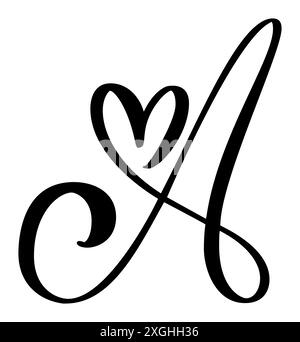 Script font maiuscoli logo calligrafia lettera d'amore A iniziale. Lo stile del pennello vettoriale disegnato a mano prospera. Monogramma cuore d'epoca. Elemento fiorente per San Valentino Illustrazione Vettoriale