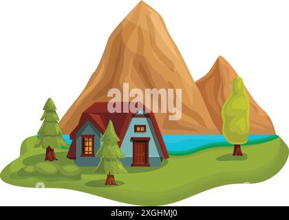 Illustrazione con un piccolo chalet in legno in piedi su un prato verde vicino a un lago e circondato da alte montagne, perfetto per argomenti come l'affitto delle vacanze o la casa per le vacanze Illustrazione Vettoriale