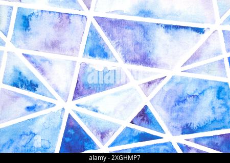 Sfondo con texture acquerello. Triangoli blu sfumatura orizzontale astratta. Grafica Sky batik. Pittura autunnale. Tratto pennello illustrazione del design. Sfondo artistico Aquarelle Foto Stock