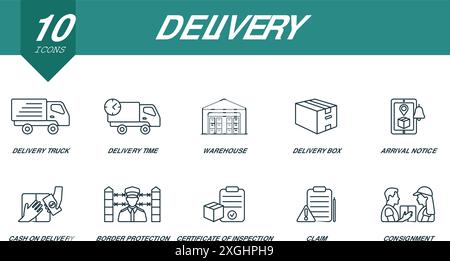 Set di icone del profilo di consegna. Icone creative: Veicolo di consegna, tempi di consegna, magazzino, scatola di consegna, avviso di arrivo, contanti alla consegna, confine Illustrazione Vettoriale
