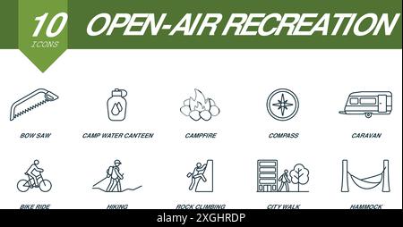 Set di icone di contorno per attività ricreative all'aria aperta. Icone creative: Seghetto ad arco, mensa ad acqua da campo, falò, bussola, carovana, giro in bicicletta, escursioni, arrampicata, città Illustrazione Vettoriale