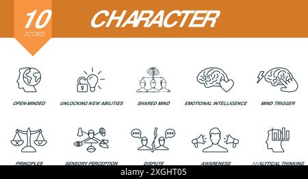 Set di icone del contorno dei caratteri. Icone creative: Mentalità aperta, sbloccare nuove abilità, mente condivisa, intelligenza emotiva, attivazione mentale, principi Illustrazione Vettoriale