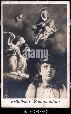 Natale, biglietto d'auguri, bambino con angelo e Maria e Gesù, cartolina fotografica, circa 1910, DIRITTI AGGIUNTIVI-CLEARANCE-INFO-NON-DISPONIBILE Foto Stock