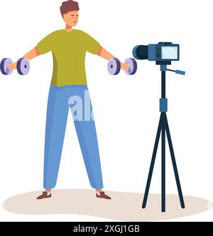 Sportsman sta sollevando manubri e registrando un video blog sul fitness utilizzando una fotocamera su un treppiede Illustrazione Vettoriale