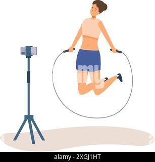 Il blogger del fitness registra l'allenamento con la corda di salto sullo smartphone per i social media Illustrazione Vettoriale