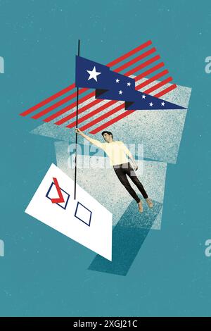 Collage fotografico verticale di Serious Guy Hold usa flag paper sheet segno di spunta nazione democrazia elezioni voto isolato su sfondo dipinto Foto Stock