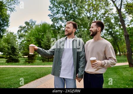 Una coppia gay barbuta passeggia in un parco, godendosi una piacevole giornata insieme. Foto Stock