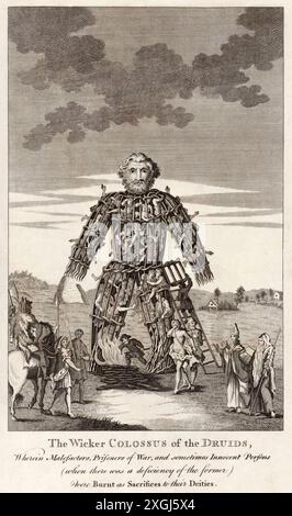 "Il colosso vimini dei Druidi, in cui malfattori, prigionieri di guerra e talvolta persone innocenti (quando c'era una carenza dei primi erano bruciati come sacrifici alle loro divinità". Fotografia di incisione da «A Tour of Wales» di Thomas Pennant (1726-1798) pubblicata nel 1784. Foto Stock