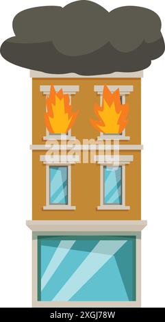 Edificio bruciato a più piani con grandi fiamme e fumo nero che fuoriesce dalle finestre Illustrazione Vettoriale
