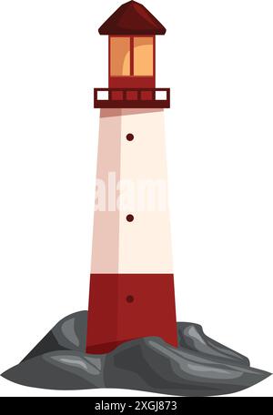 Illustrazione a cartoni animati di un faro alto rosso e bianco in piedi su rocce con una luce brillante Illustrazione Vettoriale