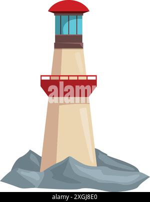 Faro rosso e bianco cartoni animati in piedi su rocce che guidano navi in mare Illustrazione Vettoriale