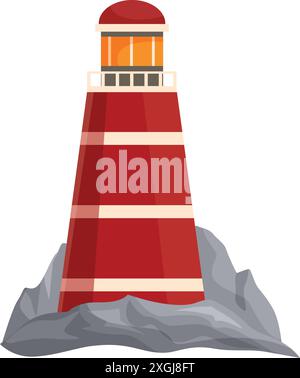 L'alto faro rosso si erge sulle rocce, fornendo un faro di luce per le navi che navigano nell'oceano Illustrazione Vettoriale