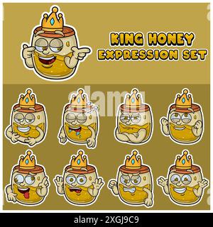 Honey Expression Set. Personaggio dei cartoni animati mascotte per sapore, ceppo, etichetta e confezionamento del prodotto. Illustrazione vettoriale. Illustrazione Vettoriale