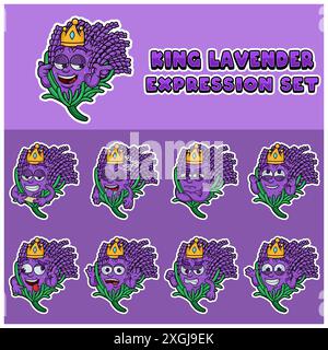 Cartoon Mascot of Lavender Character con re ed espressioni. Illustrazione vettoriale Illustrazione Vettoriale