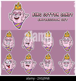 Set espressivo Cotton Candy. Personaggio dei cartoni animati mascotte per sapore, ceppo, etichetta e confezionamento del prodotto. Illustrazione vettoriale. Illustrazione Vettoriale