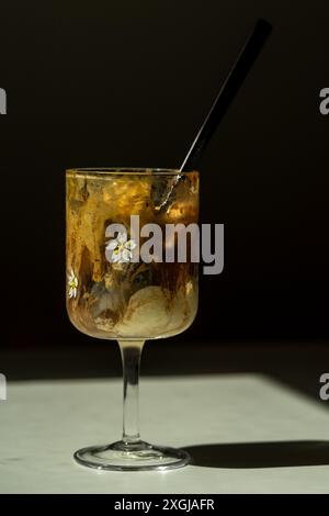 Cioccolato fatto in casa e gelato alla vaniglia vegan in un cristallo trasparente. Foto Stock