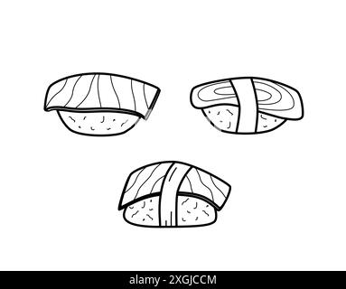 Sushi nigiri con icone di doodle. Illustrazione vettoriale di sushi salmone e riso, cucina giapponese. Foto Stock