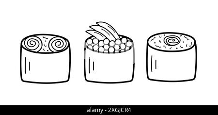 Sushi e panini in stile doodle. Illustrazione vettoriale della cucina giapponese asiatica, icone di menu per i ristoranti. Foto Stock