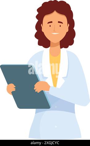 Friendly Doctor ha in mano un tablet, che mostra l'intersezione tra sanità e tecnologia digitale Illustrazione Vettoriale
