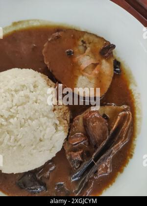 Maiale in umido, funghi e sugo di carne servito con un lato di riso bianco. Foto mobile verticale. sstkvertical Foto Stock