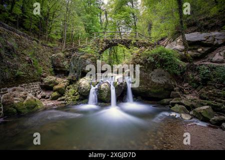 Europa, Lussemburgo, Grevenmacher, Mullerthal Trail, cascata Schiessentumpel Foto Stock