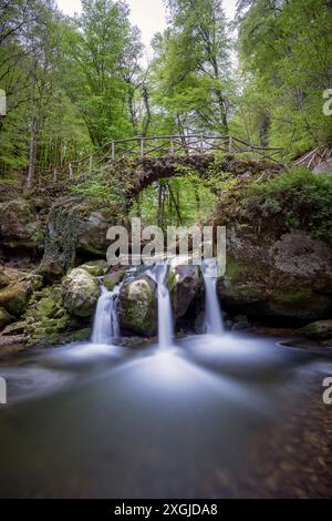 Europa, Lussemburgo, Grevenmacher, Mullerthal Trail, la cascata Schiessentumpel Foto Stock