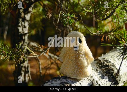 Un giocattolo fantasma sorridente si erge su una corteccia di betulla nella foresta e illuminato dal sole Foto Stock