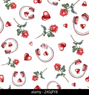 Romantico motivo musicale senza cuciture con cuffie rosse, cuori e rose. L'illustrazione ad acquerello è fatta a mano. Per tessuti, carta da imballaggio Foto Stock