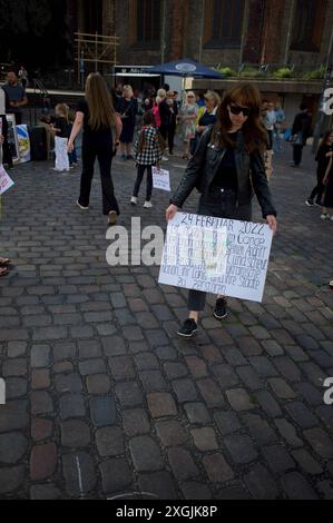 Flensburg, Schleswig-Holstein Unter dem Titel Demonstration der Trauer, Wut und Solidarität anlässlich der gestrifen Angriffe auf die Ukraine findet auf dem Südermarkt in Flensburg eine Gedenkveranstaltung statt. Hier: Person hält transparent mit Aufschrift: 24. Febbraio 2022 ist noch immer im Gange. Der Eindringling setzt seinen Angriff in alle Richtungen Fort und scheut keine Ressourcen, um die ukrainische Nation, ihr Land und ihre Städete zu zerstören. Aufnahme vom 09.07.2024, Flensburg *** Flensburg, Schleswig Holstein sotto il titolo dimostrazione di dolore, rabbia e solidarietà sull'occa Foto Stock