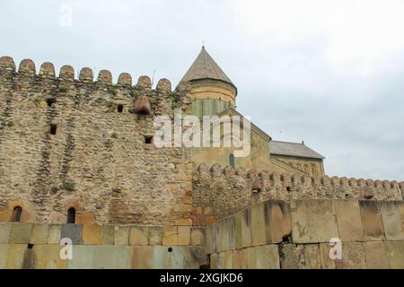 Vista aerea del complesso della Fortezza di Ananuri in Georgia, cielo nuvoloso con spazio per copiare il testo Foto Stock