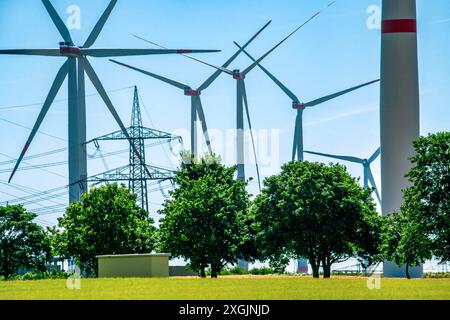 Windräder mit Strommast, Windpark Sintfeld, einer der größten deutschen Windparks, Kreis Paderborn, Juli 2024 Deutschland, Kreis Paderborn, Juli 2024, Windräder mit Strommast, der Windpark Sintfeld ist einer der größten deutschen Windparks, liegt zwischen Bad Wünnenberg und Meerhof, auf der Hochfläche Sintfeld befinden sich insgesamt mehr als 150 Windkraftanlagen, RWE, Westfalen, Windpark, Windkraft, Windenergie, erneuerbare Energien, Stromerzeugung, Sommer, NRW, Nordrhein-Westfalen, *** turbine eoliche con albero elettrico, parco eolico di Sintfeld, uno dei più grandi parchi eolici tedeschi, Paderborn di Foto Stock