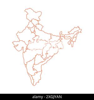 Icona vettore mappa indiana geografia. Mappa dell'India. Mappa dettagliata delle linee dell'India Illustrazione Vettoriale