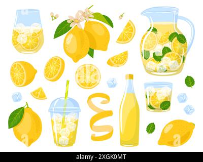 Limoni e limonata. Succosi agrumi, rinfrescante bevanda acida fatta in casa, decanter, bicchieri e bottiglia, bevanda fredda estiva tropicale con ghiaccio, cartoni animati Illustrazione Vettoriale