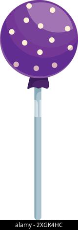 Il lecca lecca porpora rotondo con punti bianchi è in piedi su un bastoncino su uno sfondo bianco Illustrazione Vettoriale
