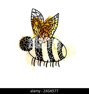 Foresta magica astratta di api con macchie e schizzi di acquerelli e disegni a linee nere su sfondo bianco Foto Stock