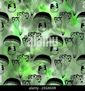 Misteriosi funghi ad acquerello della foresta motivo senza cuciture, disegni in linea su sfondo verde ad acquerello Foto Stock