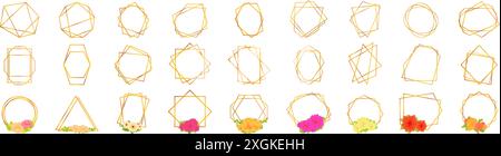 Set di icone in poliedro oro. Collezione di cornici dorate con varie forme geometriche, perfette per aggiungere un tocco di eleganza a qualsiasi progetto di design Illustrazione Vettoriale