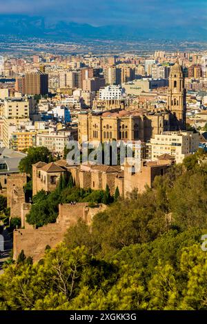 Vista della cattedrale dall'Alcazaba e del Castello di Gibralfaro sul Monte Malaga sopra la città vecchia, malaga, spagna. Foto Stock