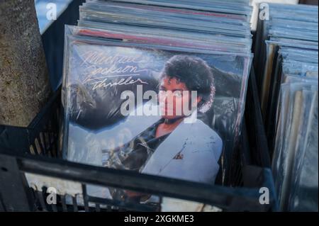 Dischi in vinile per la vendita in strada e nel mercato delle pulci di Aveiro, Portogallo Foto Stock