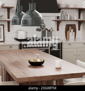 Progettate una cucina moderna e accogliente con un tocco rustico, isola in legno e illuminazione industriale per uno stile particolare Foto Stock