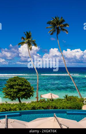 La piscina all'Hilton's DoubleTree Resort & Spa, Mahe, Repubblica delle Seychelles, Oceano Indiano. Foto Stock