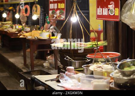 La carne alla griglia in stile vietnamita viene venduta nel mercato notturno di Hoi An. Foto Stock