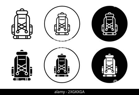 Icona zaino da trekking con logo, contorno vettoriale in bianco e nero Illustrazione Vettoriale