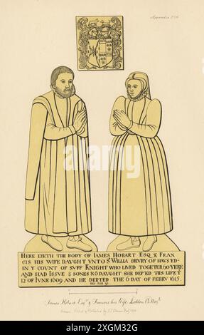 James Hobart morì nel 1615 e la moglie Frances Drury, morì nel 1609. Con il loro stemma. Memorial Brass nella chiesa della Santissima Trinità, Loddon, Norfolk. Incisione a mano in rame disegnata, incisa e pubblicata da John Sell Cotman in Engravings of the Most Remarkable of the Sepulchral Brasses in Norfolk, Henry Bohn, Londra, 1818. Foto Stock