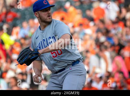 Baltimora, Stati Uniti. 9 luglio 2024. BALTIMORE, MD - 09 LUGLIO: Lanciatore dei Chicago Cubs Jameson Taillon (50) durante una partita della MLB tra i Baltimore Orioles e i Chicago Cubs, il 9 luglio 2024, all'Orioles Park a Camden Yards, a Baltimora, Maryland. (Foto di Tony Quinn/SipaUSA) credito: SIPA USA/Alamy Live News Foto Stock