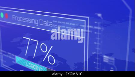 Immagine del caricamento del 100% dell'elaborazione dei dati rispetto alla mappa del mondo blu. Composito digitale, comunicazione globale, tecnologia, cloud computing, dati, conne Foto Stock